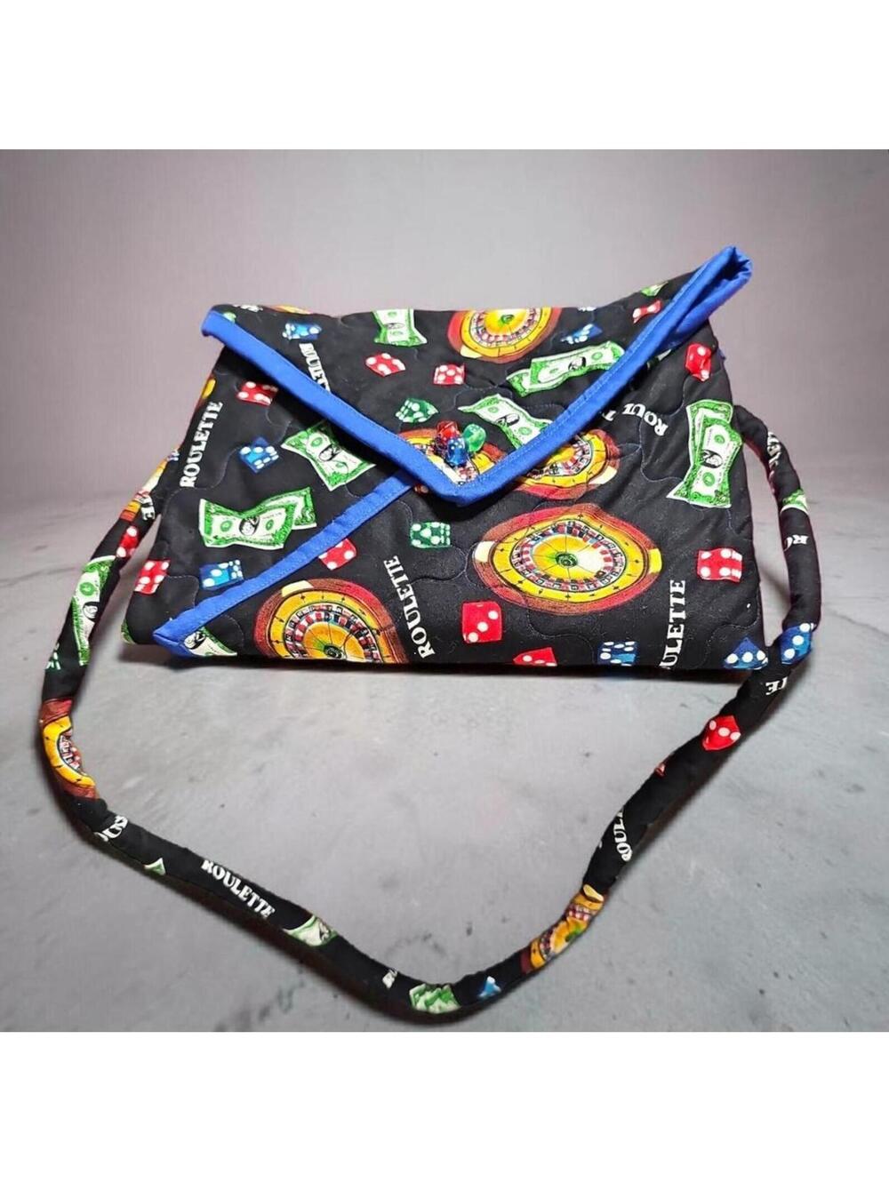 Handmade Quilted Crossbody Bag Roulette Casino Print Purse 9.5'x7" Black Blue